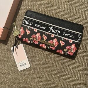 Juicy Couture Varsity Blooms Wallet in Black and Pink Rose Print • 4.25x8x1”